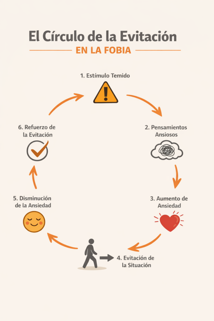 Infografía que explica las 6 etapas del círculo de la evitación en las fobias, desde el estímulo temido hasta el refuerzo de la conducta.