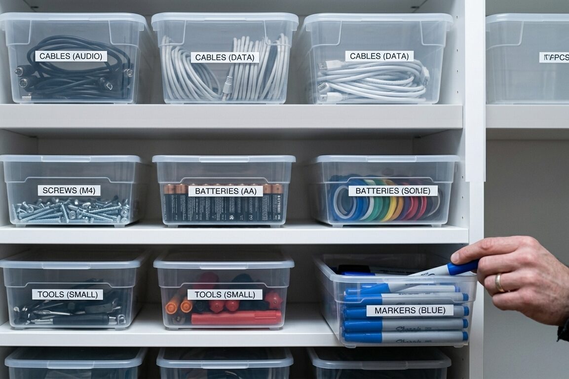 Fotografía de una estantería blanca inmaculada con contenedores de plástico transparentes idénticos. Cada contenedor tiene una etiqueta perfecta y uniforme (ej. "CABLES"). El interior muestra objetos organizados obsesivamente por color y tamaño con espaciados exactos, bajo una luz clínica fría.