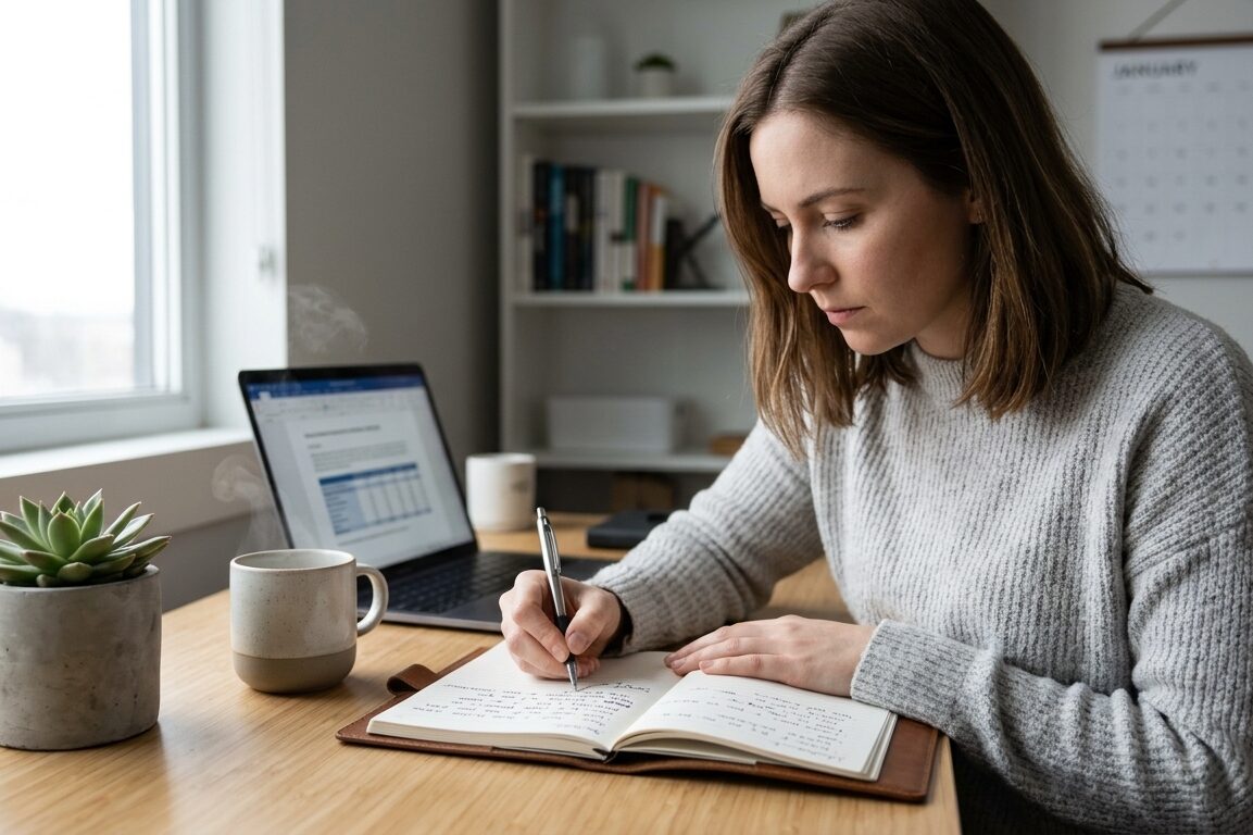 Fotografía de una mujer joven concentrada escribiendo en un cuaderno de notas en un escritorio ordenado. Se enfoca en su mano sosteniendo el bolígrafo con precisión, mostrando pequeños borrones y correcciones minuciosas en el papel, iluminado por luz natural suave.