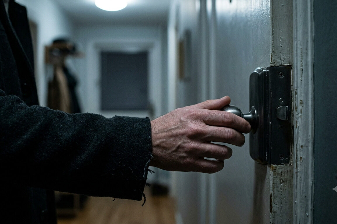 Fotografía en primer plano de la mano nerviosa de un hombre de mediana edad verificando el pomo de una cerradura de puerta metálica en un pasillo oscuro. La iluminación fría resalta la tensión en sus dedos y la textura del metal desgastado, con un fondo doméstico borroso.